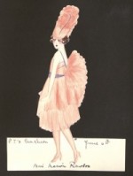 A hand-made invitation on a black ground. The invitation is hand-made, and consists of a cut-out picture of a young woman with a bob, wearing a fluffy pink dress, pink high heels, and a pink feather headdress. Written on the invitation is "P.T.s luncheon, June 6th, Miss Marion Rawson".